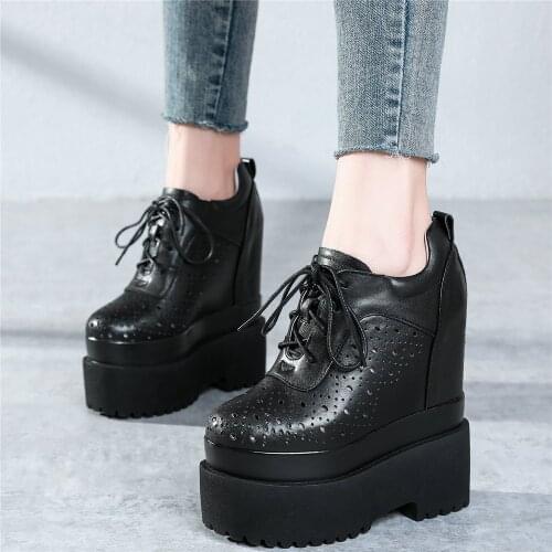 Summer Oxfords Shoes Women Genuine Leather Wedges High Heel Ankle Boots Female Breathable Round Toe Chunky Platform Pumps Shoes