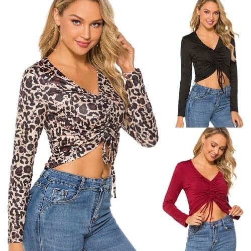 V Neck Sexy Long Sleeve Crop Tops Women Autumn Ruched Lace Up Casual Tee Shirt Black Winter Shirts Women 2021