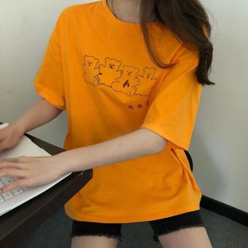 Summer loose hedging bear print short-sleeved T-shirt all-match casual college wind jacket women