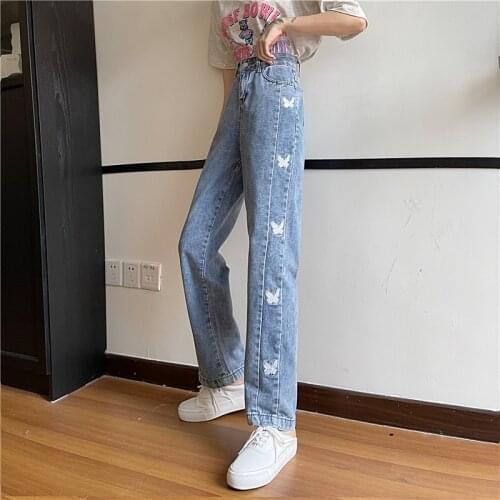 Women pants spring traf Pants Korean cotton butterfly embroidery jeans autumn high waist slim and loose casual y2k Womens jeans