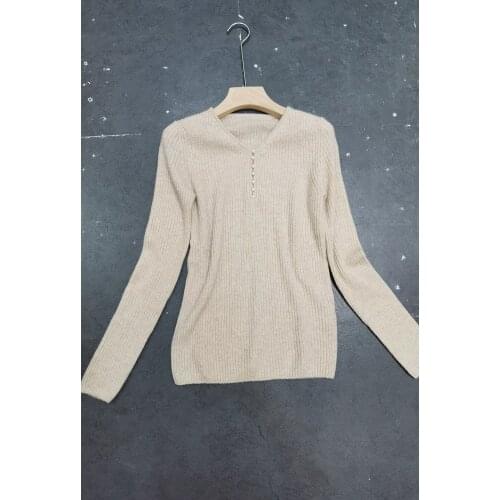New ladies fashion 2021 long sleeve sexy casual V-neck solid color pearl button cashmere sweater 1221