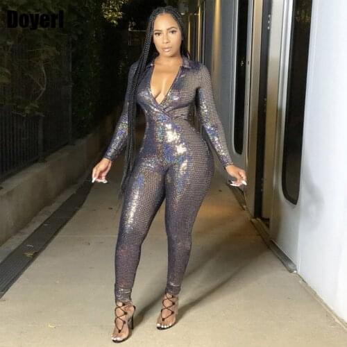 Giltter Bodycon Jumpsuit Women Fall One Piece Outfit Overalls for Women Night Party Club Skinny Sexy Rompers Womens Jumpsuit