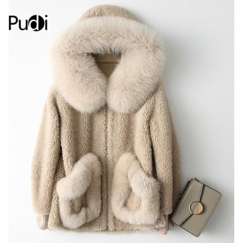 PUDI A18103 Womens Winter Wool Warm Real Fox Fur Hood Coat Lady Real Wool Long Coat Jacket Over Size Parka
