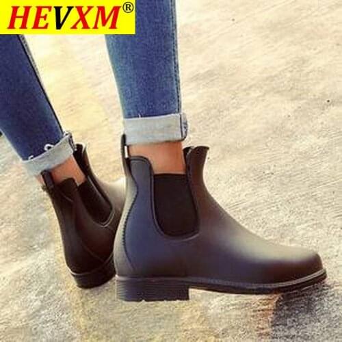 2020 New Women Boots Round Toe Ankle Boots Flats Rain Booties Plus Size PU Leather Slip on Waterproof Woman Shoes Botas Mujer