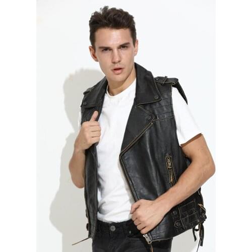 2020 Vintage Black Men Slim Fit Bikers Leather Plus Size 3XL Genuine Cowhide Autumn American Motorcycle Vest FREE SHIPPING