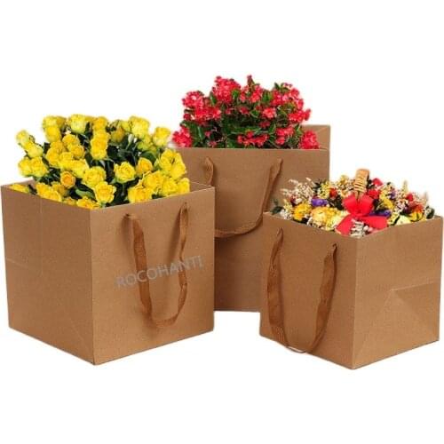 50X Custom Logo Cake Flower Carry Bags Square Wide Bottom Brown Kraft Paper Gift Bag With Rope Handle For Flower Bucket Wrapping