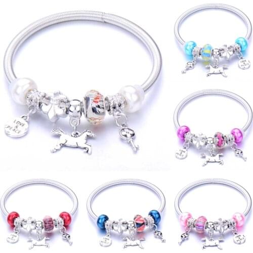 Handmade Love Peace key Elastic bead bracelet 6 colour horse alloy Lotus Charm Bracelet for Women Men Yoga Jewelry Gifts
