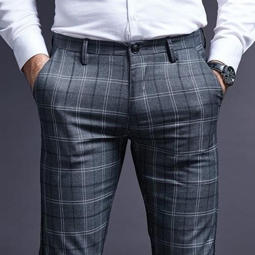 Summer Plaid Skinny Dress Pants Men Business Office Formal Trousers For Male Suit Pants Men 2021