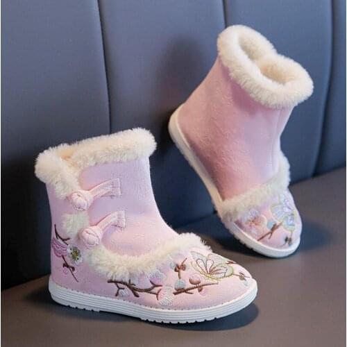 Children Cotton Boots Shoes Winter Plush Velvet Warm Shoes Kids Girls Thick Embroidered Chinese Style Hanfu Shoes Ancient Boots
