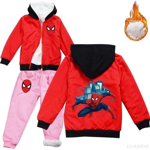Disney Foreign Trade Fall Winter Cartoon Spider-Man With Zip Hat Boys And Girls Sports Set