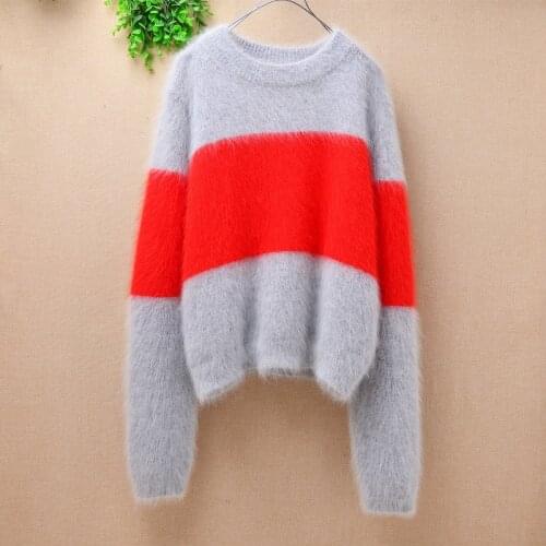 Elegant casual 100% mink cashmere ladies women winter o-neck hand knitted loose bottoming angora rabbit fur pullover sweater