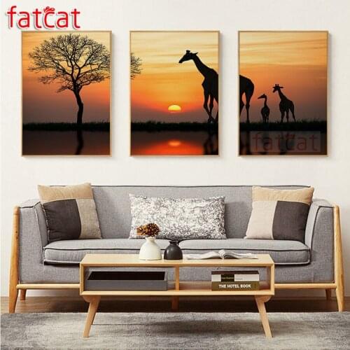 FATCAT Sunset giraffe animals diy 5d diamond painting full square round mosaic embroidery triptych kits home decoration AE2436