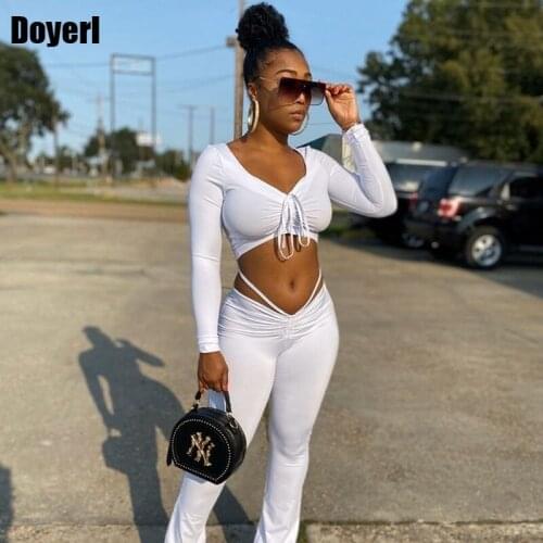 White 2 Piece Pants Sets Women Outfits Fall Solid Drawstring Crop Top and Leggings Set Sexy Club Outfits for Women Matching Sets