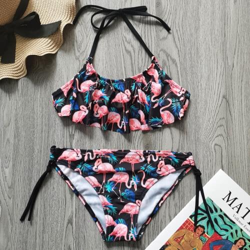 Flamingo Flounce Girl Swimsuit Kids 7-14 Years 2 Piece Childrens Swimwear Halter Top Teenage Girl Bikini Set Girls Bathing Suit