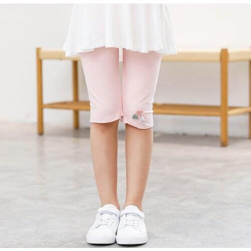 Girls Knee Length Kid Five Pants Solid Color Children Cropped Trousers Spring-Summer All-matches Bottoms Leggings Floral Sweet