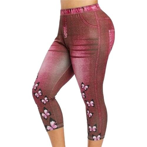 Imitation Denim Leggings Woman Stretch Butterfly Printed Short Leggins Pants Summer Breeches High Waist Perfect Fit Jeggings
