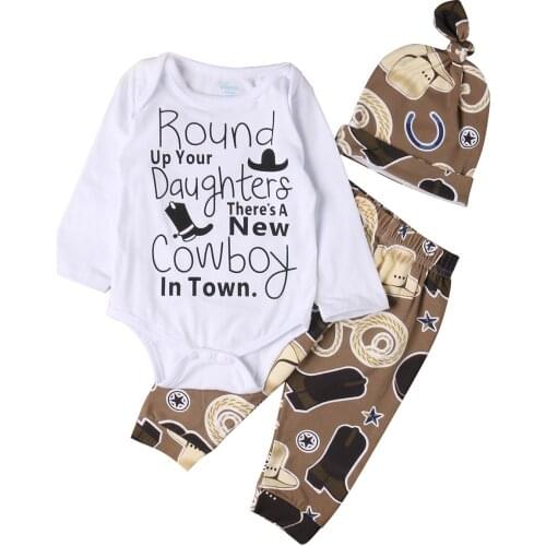 Cute 3pcs Newborn Infant Baby Girl Boy Long Sleeve O-Neck Bodysuit+Cowboy Long Pants Hat Outfit Set Clothe