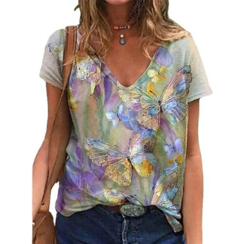 Mutilcolor T Shirt Butterfly Printed Sexy V-neck Short Sleeve T-shirt Summer Casual Tee Shirts for Ladies Cotton Over Size Shirt