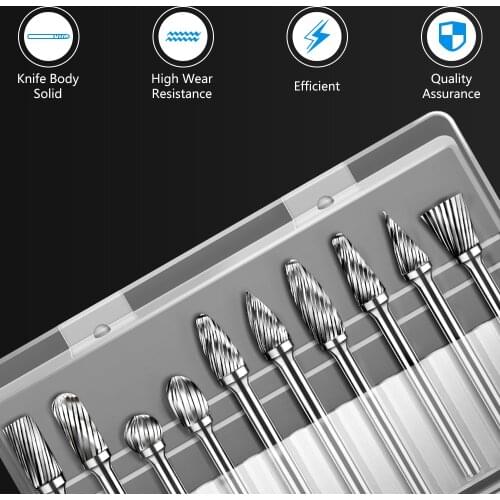 New 10pcs 1/8" Shank Tungsten Carbide Milling Cutter Burr Double Diamond Cut Rotary Electric Grinding Cutter Wood Tools Set