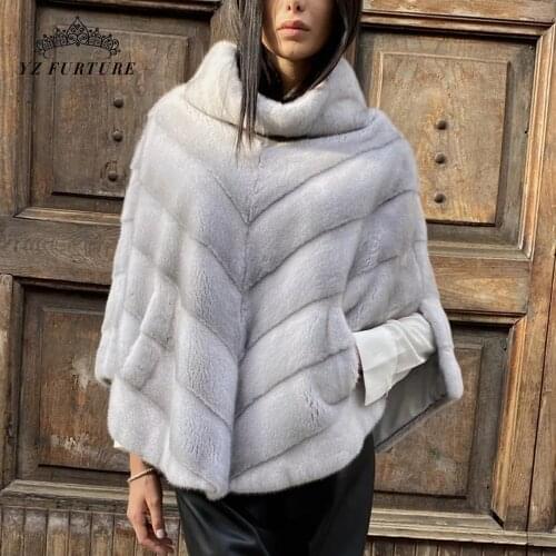 2021 New Luxury Mink Fur Cape Women Whole Skin Winter Short Coat 60cm Long One Size Winter Warm Clothes Girls Fashion Outerwear