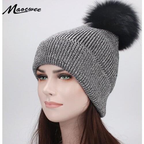 Girls Fox Fur Pompon Beanies Caps Solid Golden Knitted Skuilles Real Fur Pompom Hat Cap For Women Fur Pom Pom Winter Warm Caps