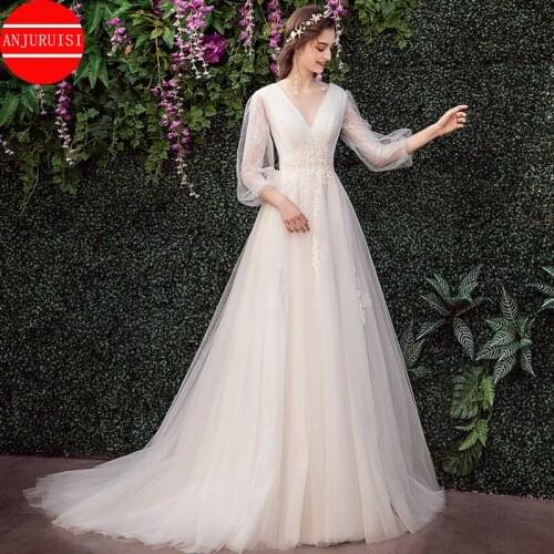 4/3 Sleeve Boho Wedding Dress 2021 V Neck Vestidos De Novia Lace Appliques Bride Gown Robe Mariage A Line Tulle Trouwjurk Boda