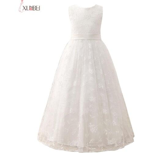 Xunbei Lovely Princess Lace Flower Girls Dresses Appliques Kids Ball Gown First Communion Birthday Party Dresses Mesh Gown 2-13