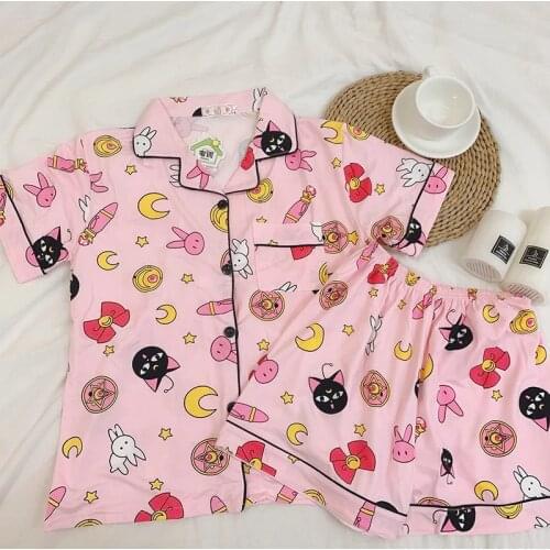 Sailor Moon Cute Print Women Pajamas Sets Summer Short Sleeve Cotton Sleepwear Pink Pijama Mujer Female Nightsuit