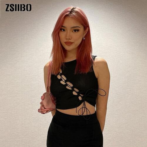 2021 Sleeveless Solid Bandage Patchwork Hollow Out Ribbed Tank Top Autumn Winter Women Fashion Sexy Streetwear Clothing