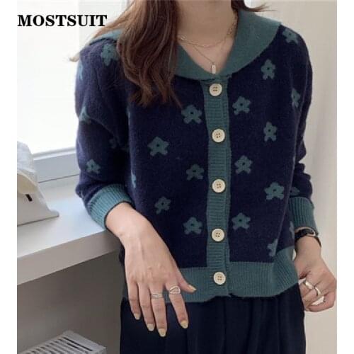 Floral Knitted Cardigan Sweater Women Full Sleeve Sailor Collar Vintage Jumpers Korean Fashion Female Tops Femme 2021