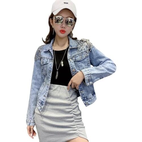 2020 New Autumn Women Embroidery Three Dimensional Flowers Pearl Bead Short Denim Coat Woman Long Sleeve Jean Jacket clothing