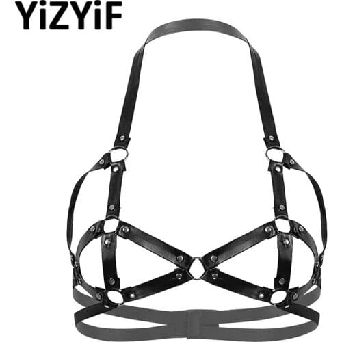 Women Sexy Open Cups Bras Punk Gothic Faux Leather Erotic Lingerie Sexy Halter Neck Hollow Out Strappy Cups Rivets Caged Bra Top