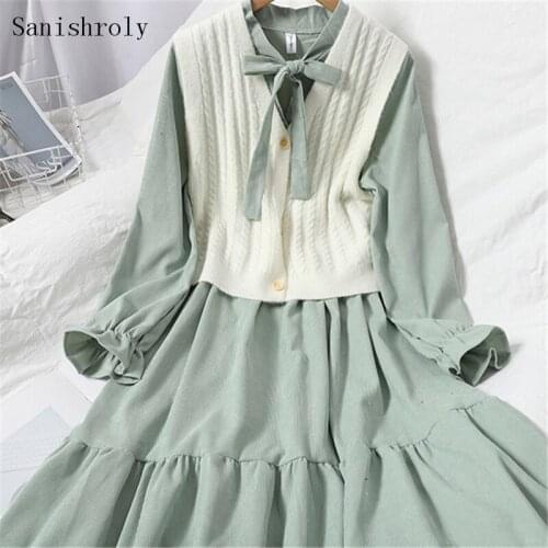 Two Pieces Spring Autumn Women Tie Bow Corduroy Dress & V Neck Sweater Knitted Tank Vest Female Ruffles Long Dresses Vestidos