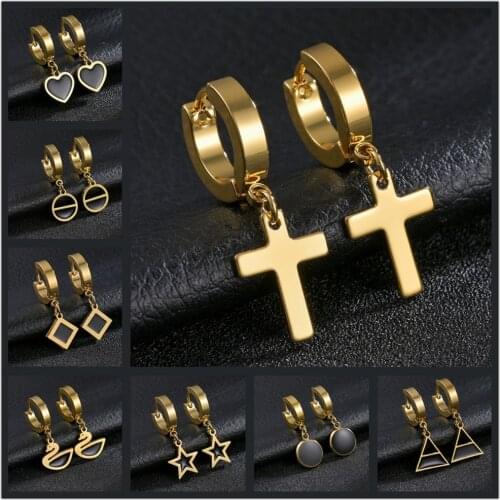 1 Pair Fashion Gold Cross Earring Heart Star Swan Pendant Drop Ear Stud Earrings Punk Jewelry For Cool Women Men Gift