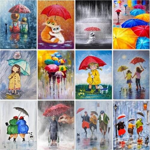 5D Diamond Painting Cartoon Old Couple Street View Rainy Day Diamond Embroidery Girl Umbrella Landscape Mosaic Kits Home Decor