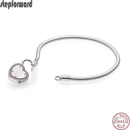 Antique Design Zircon Setting Heart Lock Clasp European 100% 925 Sterling Silver Snake Bracelet Bangle Women Jewelry Gift