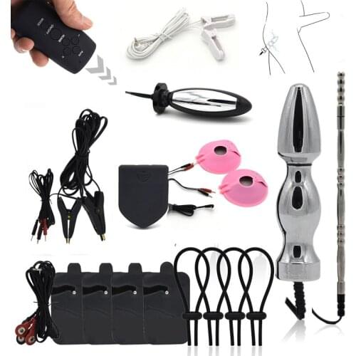 Wireless Romote Penis Ring Nipple Sucker Clamps Massage Anal Butt Plug Electro Shock Medical Themed Kit Sex Toys For Men Woman