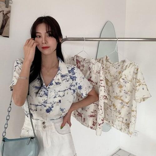 Womens Blouses Top Femme Lapel Floral V-neck Chiffon Short Sleeve Shirt Korean Fashion Womens Tops Casual Clothes