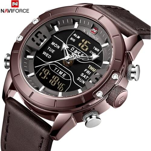 Men Watch NAVIFORCE Luxury Brand Waterproof Leather Band Quartz Mens Watches Military Analog Digital Week Display Watches Men