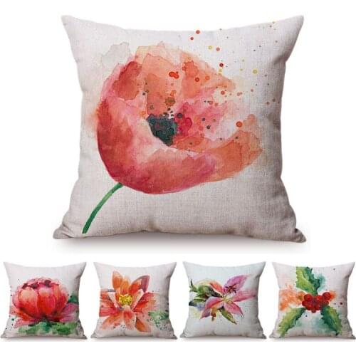 Watercolor Red Flower Splatter Art Decorative Sofa Throw Pillow Case Violet Green Leaves Yellow Petal Cotton Linen Cushion Cover