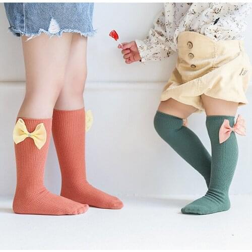 Baby Knee High Long Socks Girls Bows Sock Cotton Infant Candy Color Leg Warmer For Children Ribbed Socks Toddler Sokken