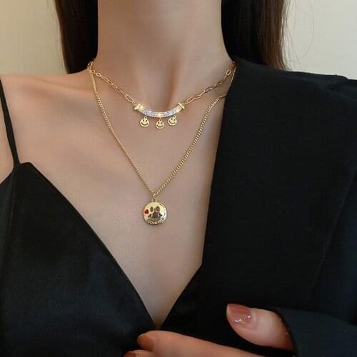 Retro smiley double-layer necklace temperament fashion metal clavicle chain niche design necklace female