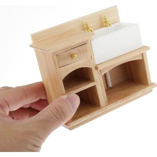 European 1:12 Dollhouse Furniture Mini Bathroom Sink Cabinet, Handcrafts Collectibles, Wooden + Ceramic