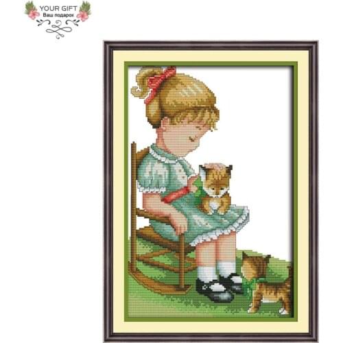 Joy Sunday Girl Cat Home Decoration RA046 14CT 11CT Counted Stamped Child Animal Handcraft Embroidery DIY Cross Stitch Kit