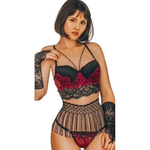 3Pieces Women Lingerie Set Sexy Lace Bra and Fringed Waistband and Panty Three-piece Tasseles Underwear Suit