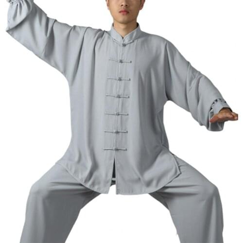 Chinese Traditional Tai Chi Suit Kung Fu Wear 2Pcs/Set Unisex Button Placket Shirt Loose Solid Color