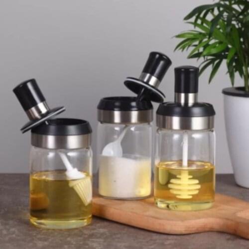 Kitchen Tool Clear Seasoning Glass Salt and Pepper Spoon Spice Jars Oil Brush Honey Spice Container Food Set Storage With Lid