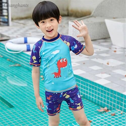 2020 New Model Boy Swimsuits Two Pieces Swimwear Short Sleeve Swim Bathing Suits Child Surfing Wear Sunny Sandy Pool