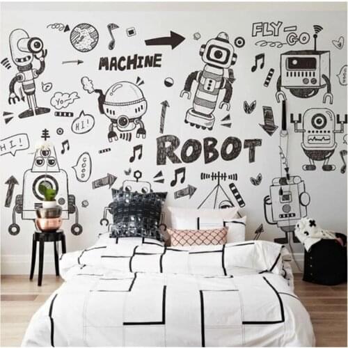 Milofi customized large 3D wallpaper mural childrens room hand-painted graffiti robot wallpaper black and white line drawing