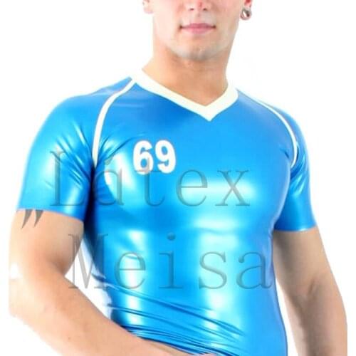 Bling metallic blue latex top men v-neck short sleeve with 100% handmade